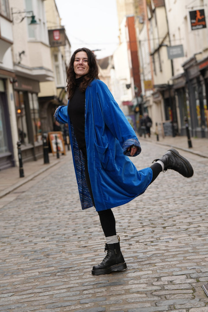 Scrolling Mosiac Cobalt Blue Velvet Coat - Violet Elizabeth - Clothing