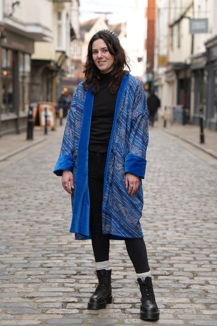 Scrolling Mosiac Cobalt Blue Velvet Coat - Violet Elizabeth - Clothing