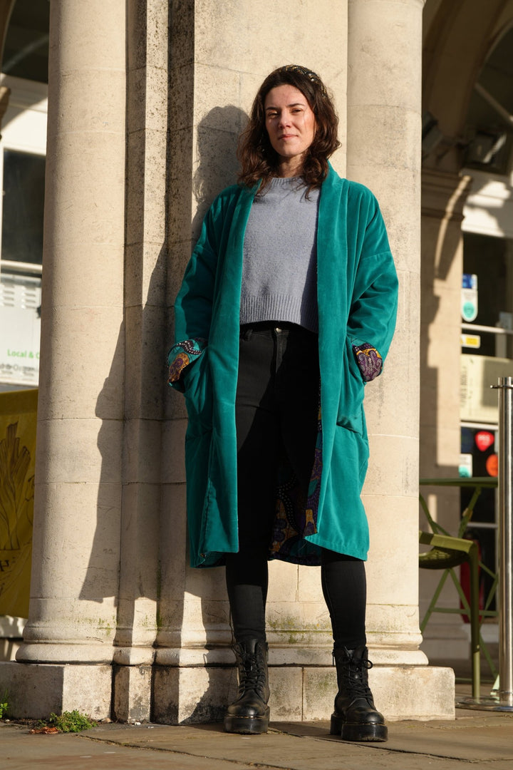 Shimmering Disco Metallic Teal Velvet Coat - Violet Elizabeth - Clothing