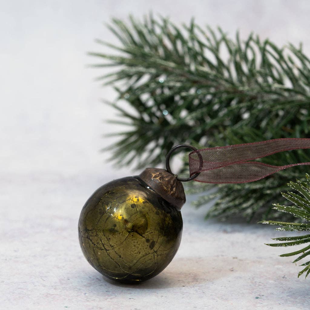 Small 1" Olive Green Crackle Glass Baubles - Violet Elizabeth - Christmas Decorations