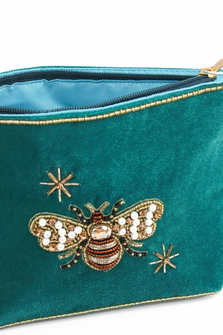 TEAL GOLDEN BEE LARGE VELVET POUCH - Violet Elizabeth - 