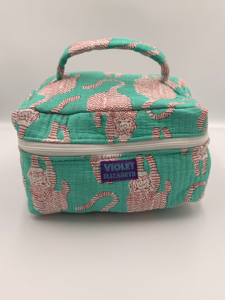 Turquoise Tiger Vanity Printed Cotton Vanity Bag