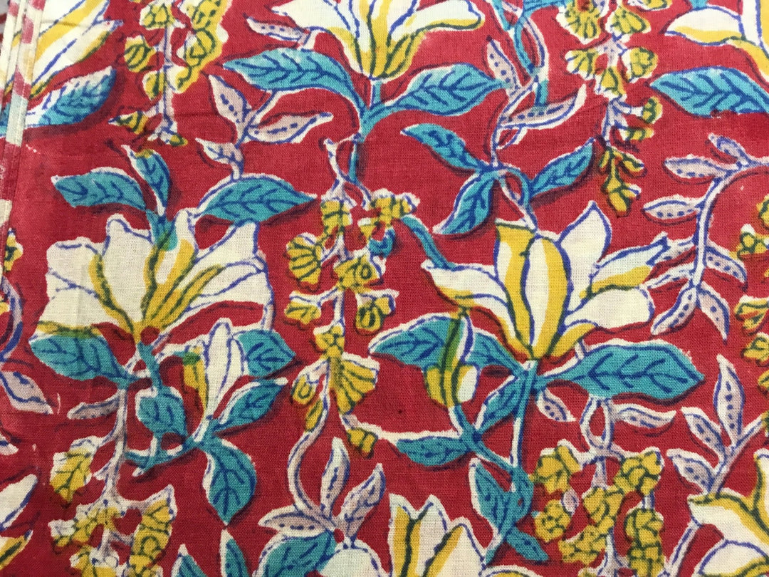 Vibrant red and yellow vine print Block Printed Fabric - Violet Elizabeth - Haberdashery