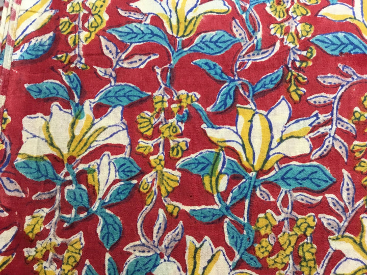 Vibrant Red And Yellow Vine Print Block Printed Cotton Fabric