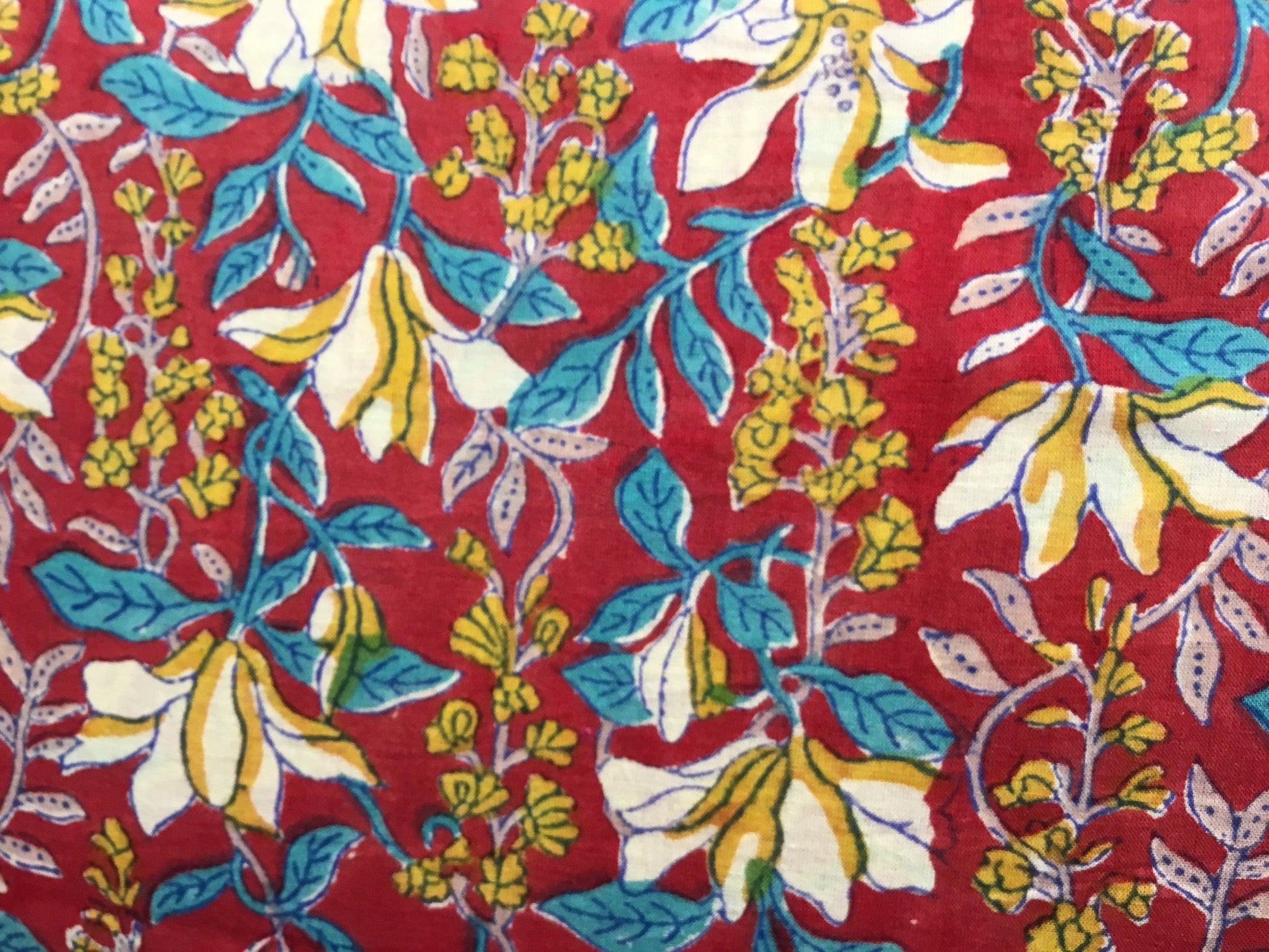Vibrant red and yellow vine print Block Printed Fabric - Violet Elizabeth - Haberdashery