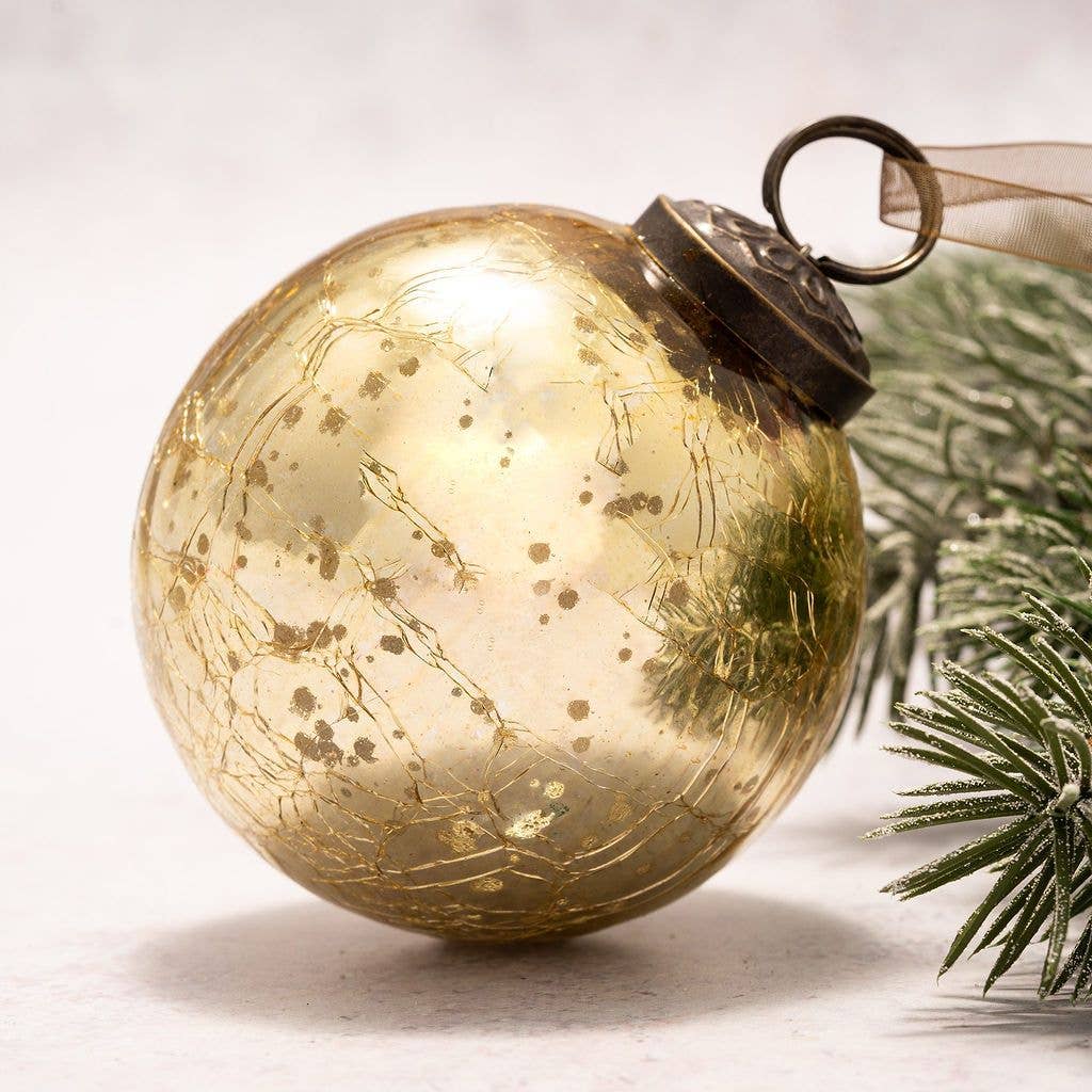 3" Large Gold Crackle Glass Christmas Bauble - Violet Elizabeth