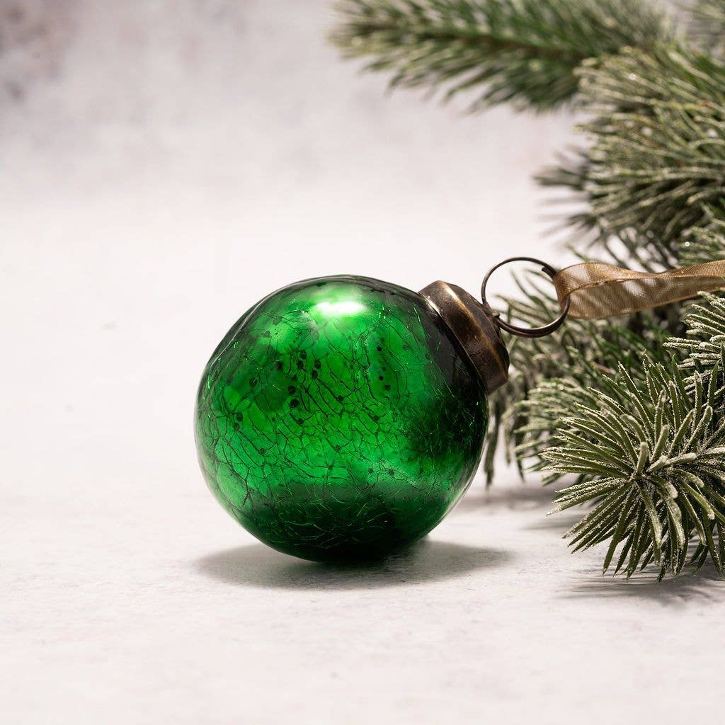 2" Medium Emerald Green Crackle Glass Christmas Ornament - Violet Elizabeth - Christmas Decorations