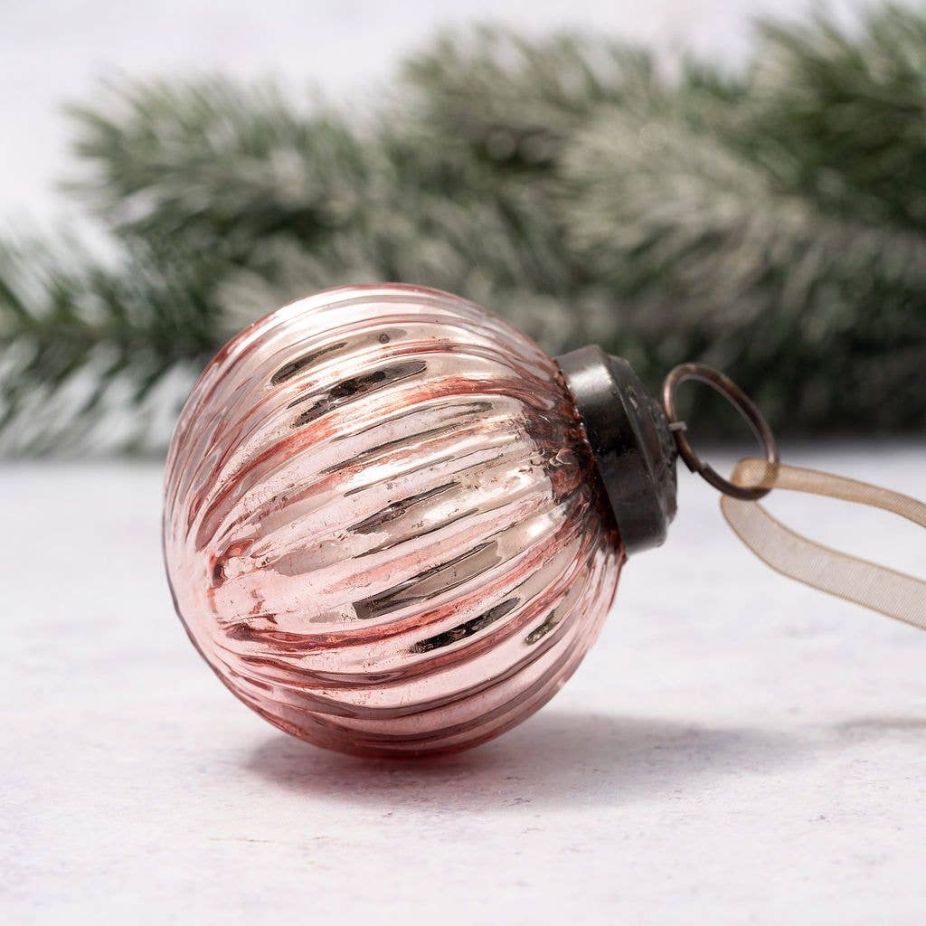 2" Medium Rose Quartz Ribbed Glass Christmas Bauble - Violet Elizabeth - Christmas Decorations