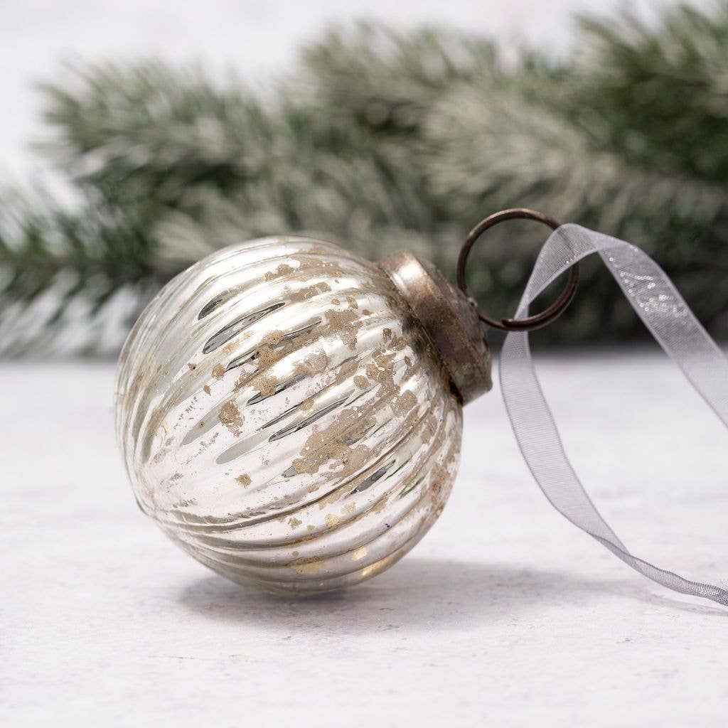 2" Medium Silver Ribbed Glass Christmas Decoration - Violet Elizabeth - Christmas Decorations