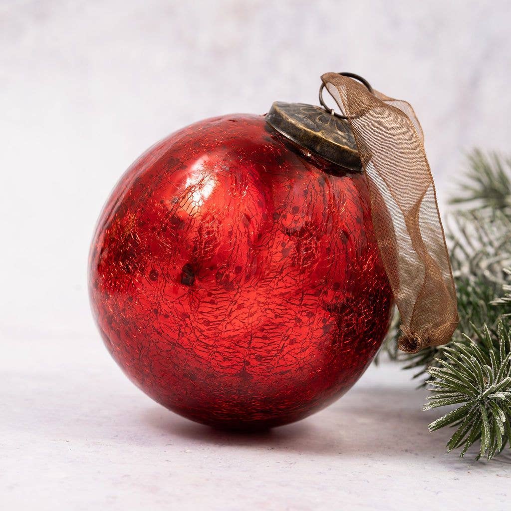 4" Extra Large Red Crackle Glass Christmas Bauble - Violet Elizabeth