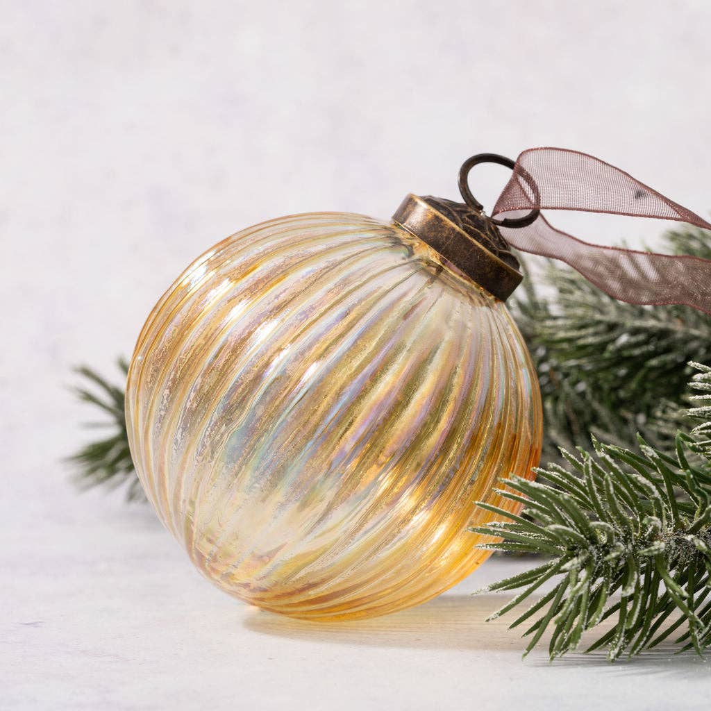 3" Large Gold Rainbow Glass Ribbed Ball - Violet Elizabeth - Christmas Decorations