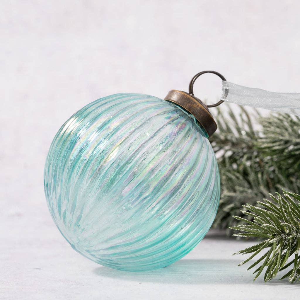 3" Large Mint Rainbow Glass Ribbed Ball - Violet Elizabeth - Christmas Decorations