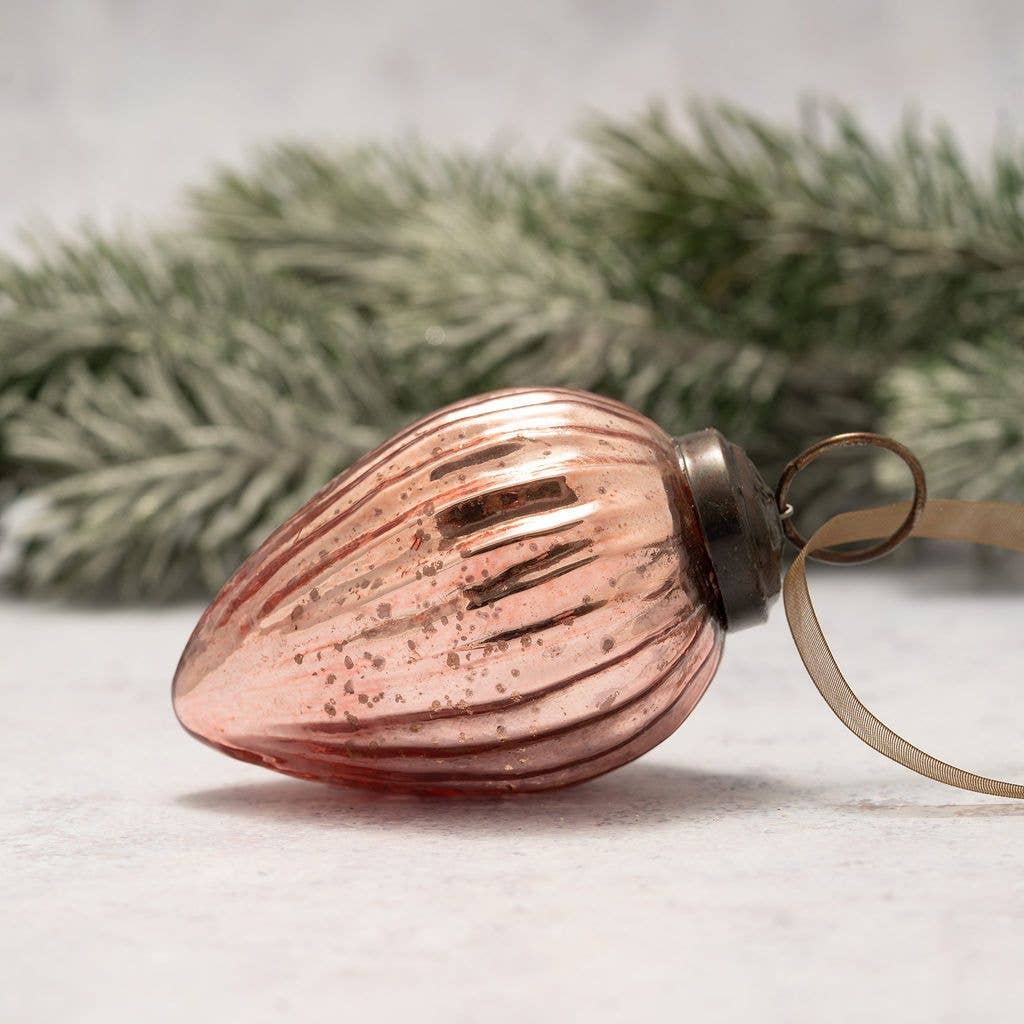 2" Medium Rose Quartz Ribbed Glass Christmas Pinecone - Violet Elizabeth