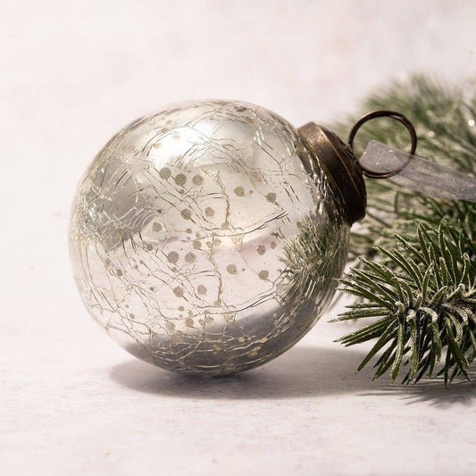 3" Large Silver Crackle Glass Christmas Bauble - Violet Elizabeth