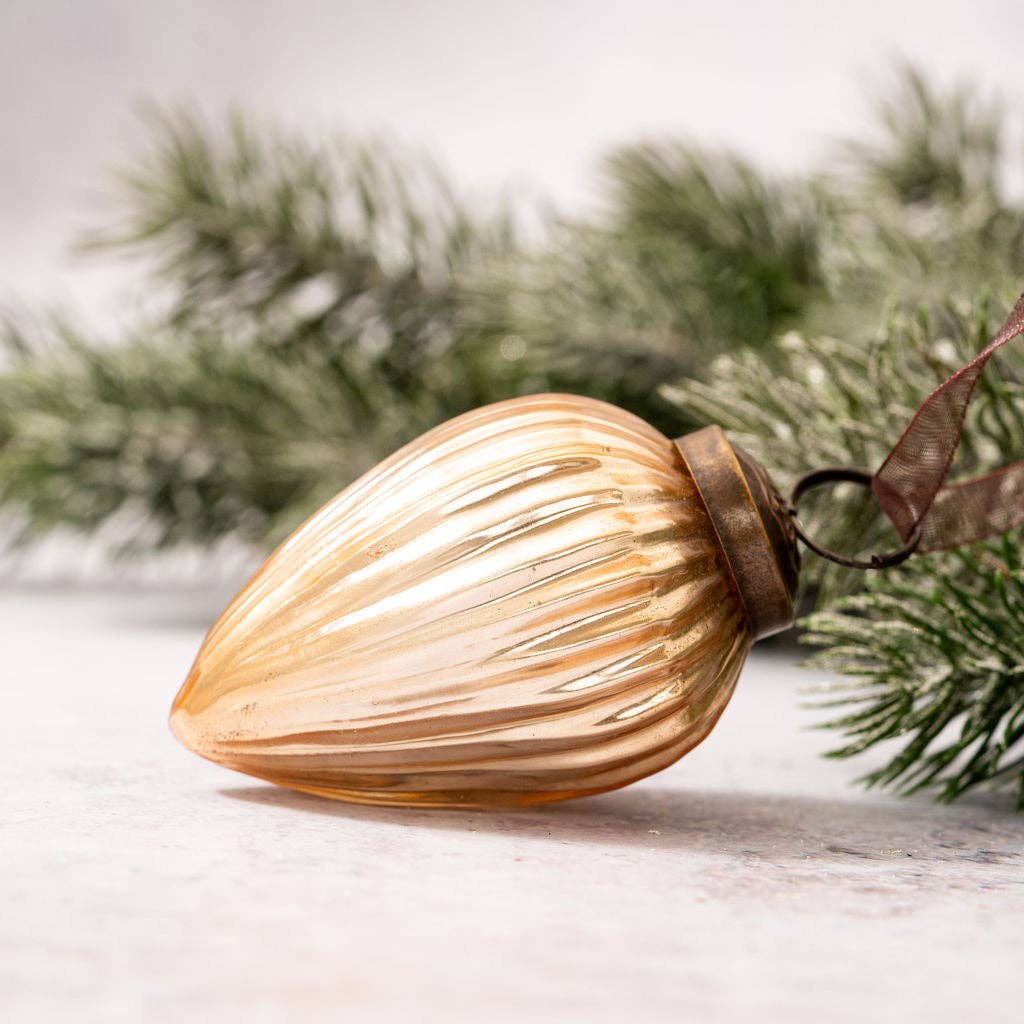 2" Medium Champagne Ribbed Glass Pinecone shaped Ornament - Violet Elizabeth