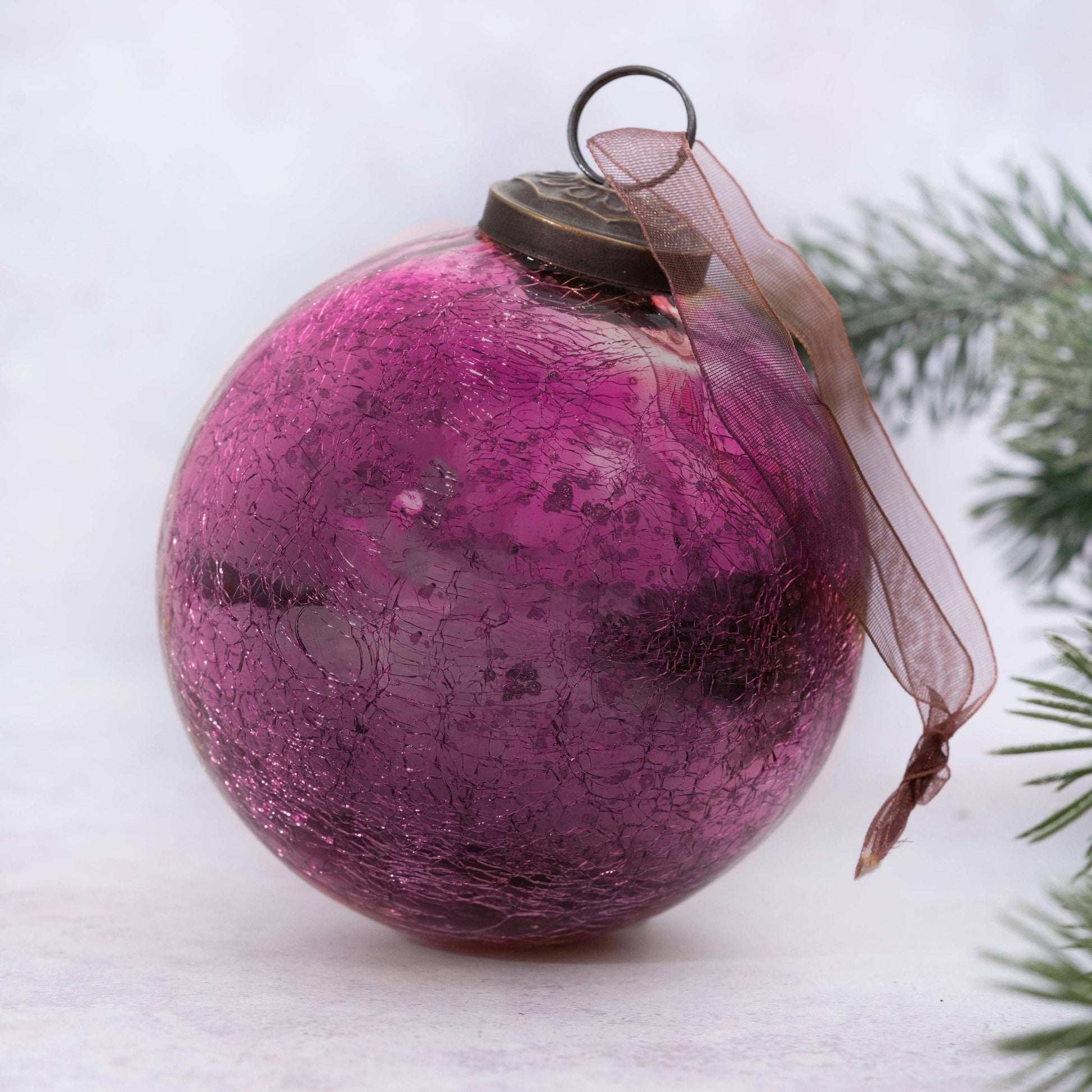 4" Mulberry Crackle Glass Christmas Bauble - Violet Elizabeth