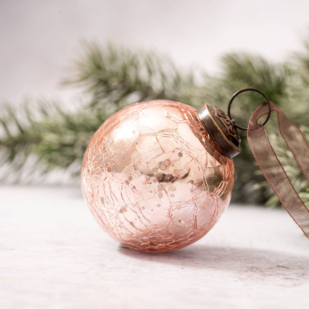 2" Medium Rose Quartz Crackle Glass Christmas Bauble - Violet Elizabeth