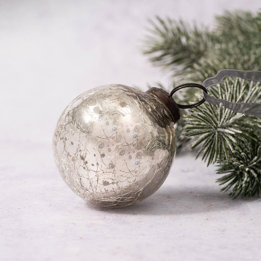 2" Medium Silver Crackle Glass Christmas Bauble - Violet Elizabeth