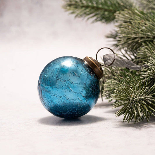 2" Medium Teal Crackle Glass Christmas Bauble - Violet Elizabeth