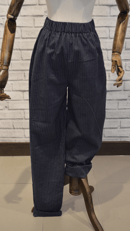 Elasticated cotton trousers - navy blue striped - Violet Elizabeth - Clothing