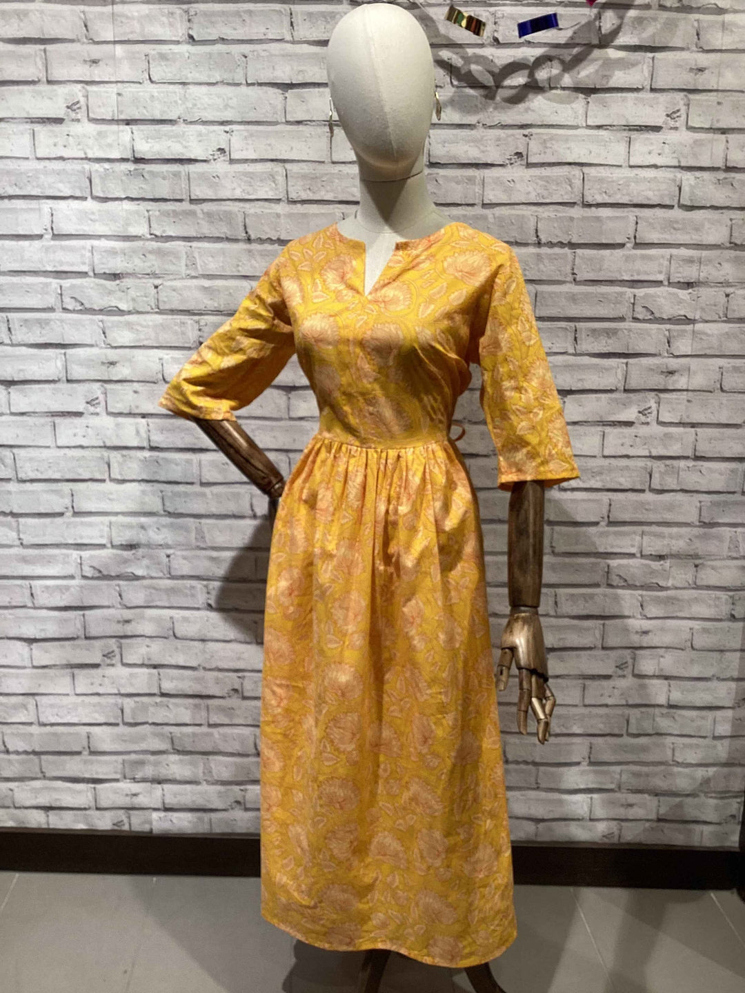 Drawstring Dress In Yellow Floral Scrolling Pattern